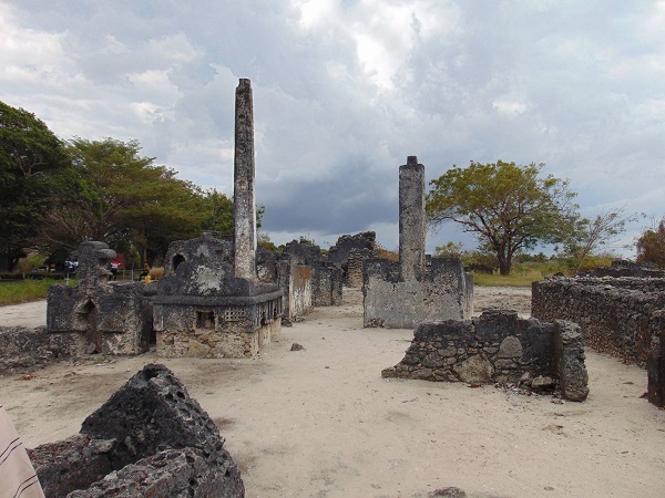 Historic ruins and pillars at Kaole Ruins Bagamoyo